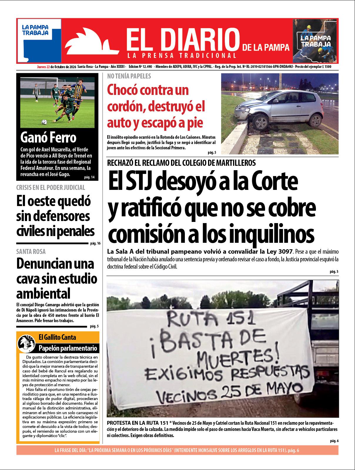 Tapa de El Diario en papel  jueves 22 de octubre de 2026